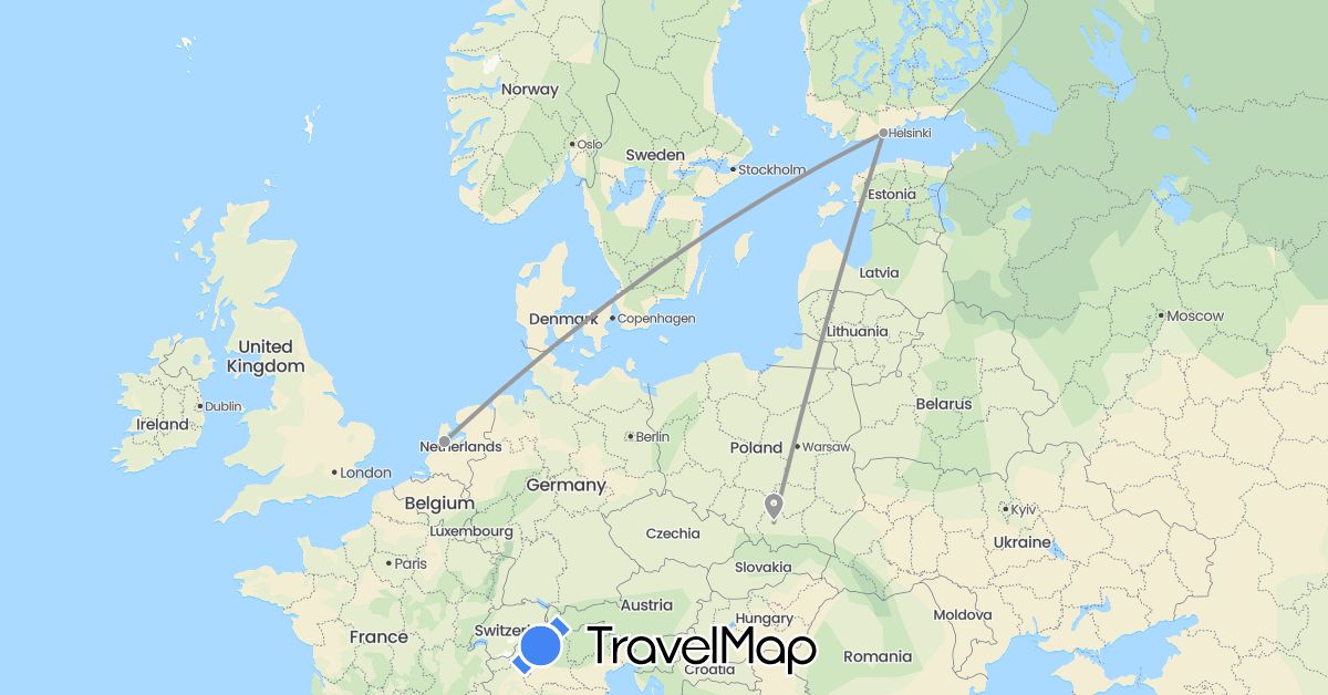 TravelMap itinerary: driving, plane in Finland, Netherlands, Poland (Europe)