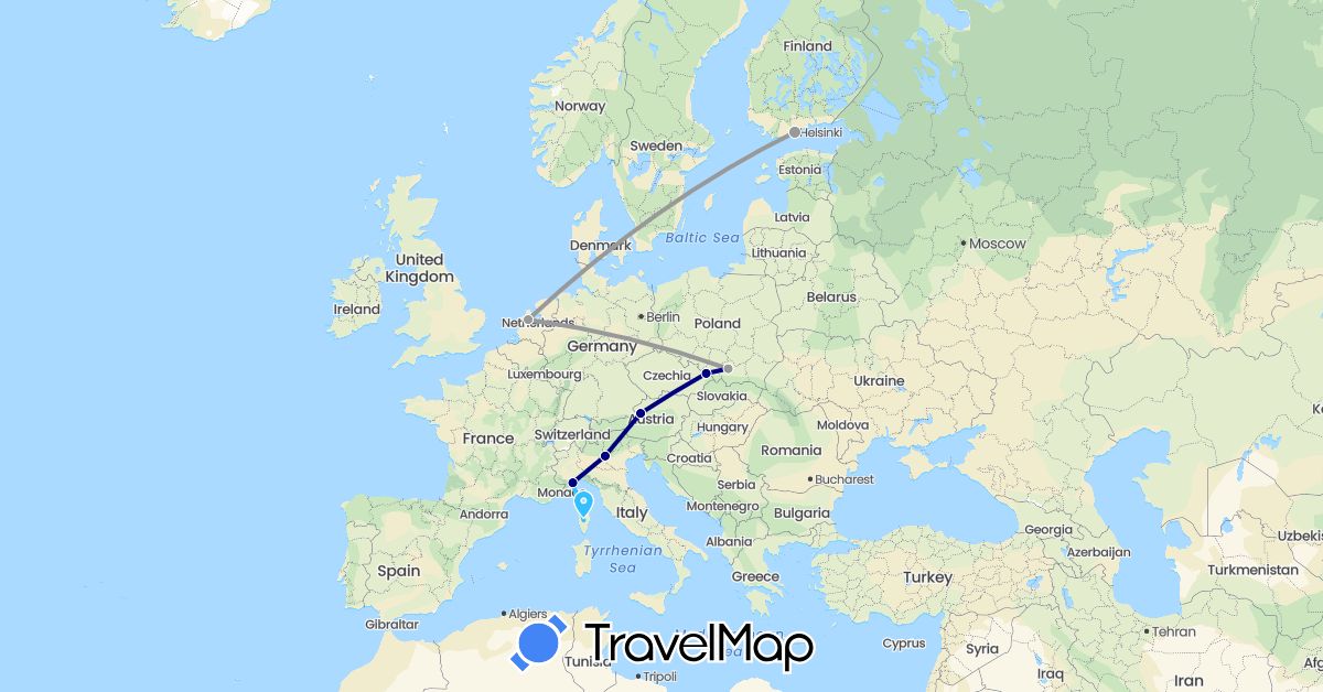 TravelMap itinerary: driving, plane, boat in Austria, Czech Republic, Finland, France, Italy, Netherlands, Poland (Europe)